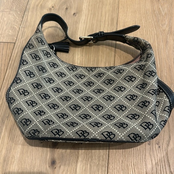 Dooney and Bourke Small Tan & Black Hobo Shoulder Bag Purse DB Monogram - Picture 1 of 3